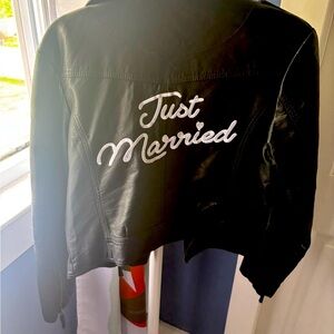 Black Leather Jacket with 'Just Married' Embroidery